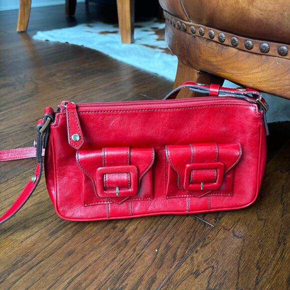 Kenneth Cole Handbags - Kenneth Cole Red Leather Town Square Top Zip Shoulder Bag Buckle 90s Y2K